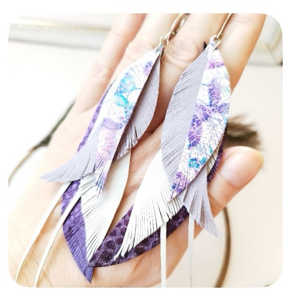 Elegant Purple and Gray Feather Earrings